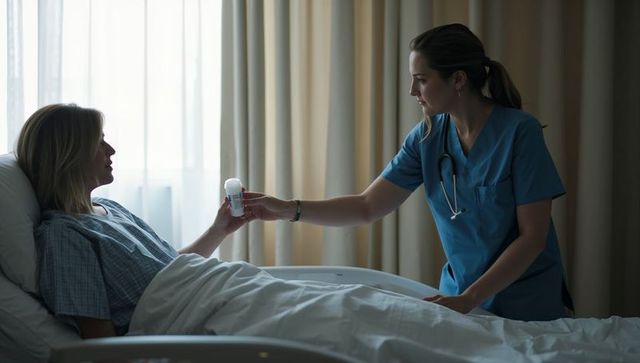 Female nurse handing medication to patient in hospital bed, compassionate bedside care