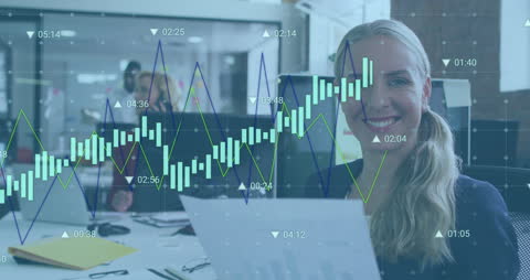 Smiling Businesswoman Interacts with Futuristic Data Interface