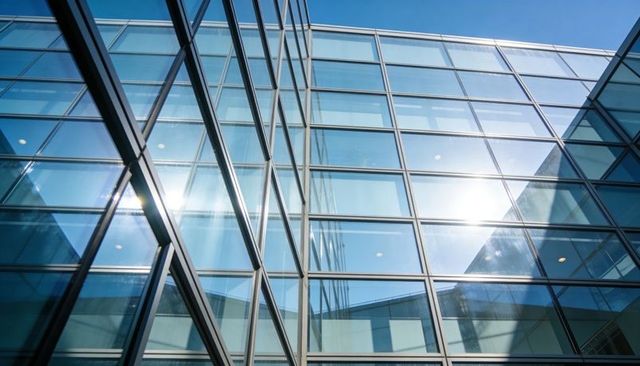 Sunlit glass facade grid reflecting blue sky and urban geometry with strong perspective