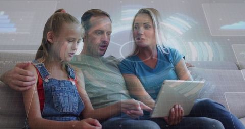 Family exploring smart home technology on tablet with futuristic hud overlay