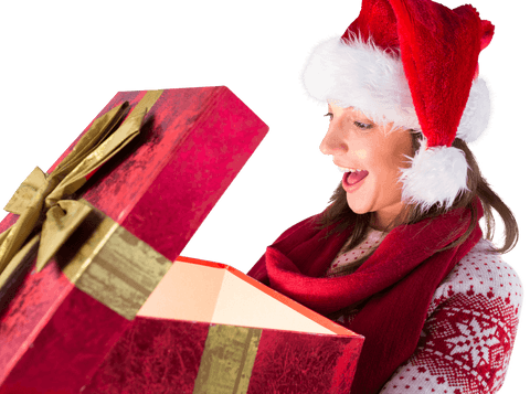 Excited Woman Opening Christmas Gift Box Transparent Background