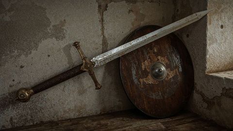 Medieval sword and shield displayed against rustic wall