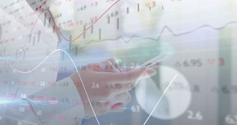 Asian Woman Using Smartphone with Financial Charts Overlay