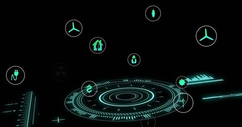 Digital Interface with Eco Energy Icons Over Scope Grid