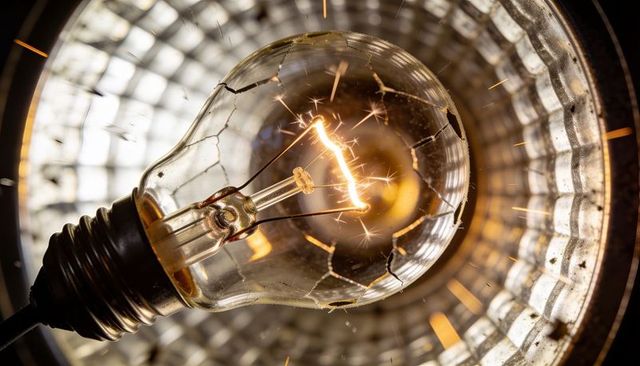 Sparking incandescent bulb with cracked glass, glowing filament and metal reflector macro