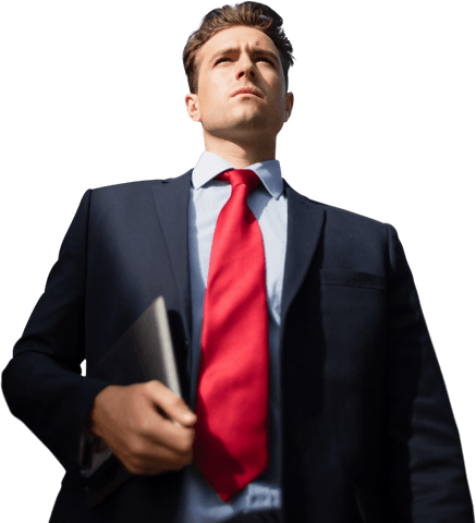 Confident Businessman Holding Tablet with Red Tie on Transparent Background