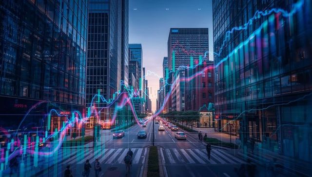 Cityscape at Dusk with Stock Chart Overlay