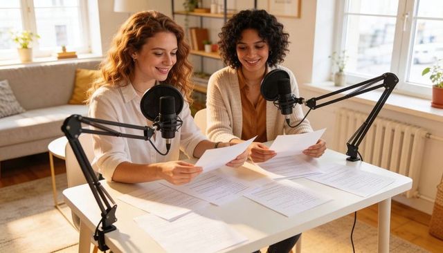 Recording cozy home podcast with two co-hosts reading scripts in natural light