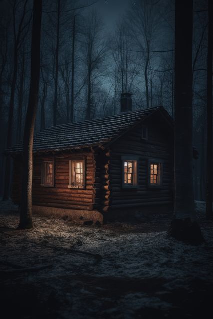 This image portrays a cozy cabin in a snowy forest illuminated warmly at night. The tranquil scene is perfect for themes highlighting winter getaways, solitude, and rustic living. It evokes feelings of warmth and comfort amidst a cold environment, making it suitable for use in advertisements for winter retreats, holiday cottages, or storytelling in books and articles.