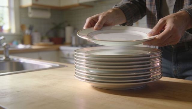 Person stacking gold-rim porcelain plates on sunlit kitchen counter, minimalist home