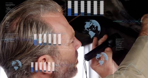 Mechanic inspecting car underside with flashlight and augmented reality hud for diagnostics