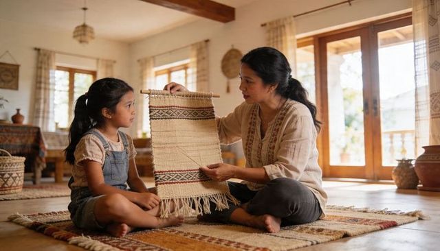Mother teaching daughter traditional weaving at home holding handwoven textile lesson