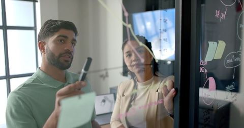 Team Collaborating and Brainstorming Business Strategy on Glass Board