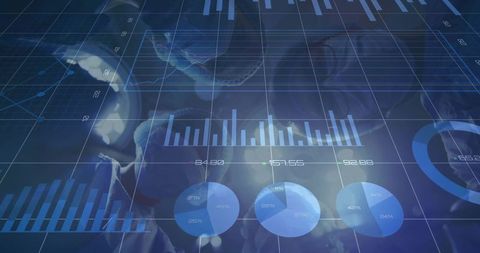 Displaying futuristic blue 3d data dashboard with interactive hud charts and pie graphs