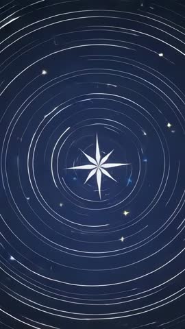 Vertical video compass star rotating with expanding concentric rings and drifting glowing particles