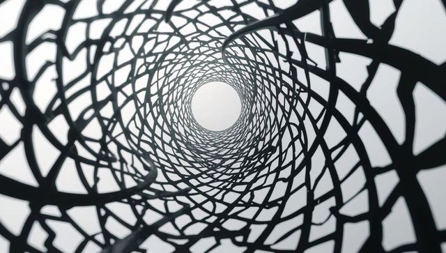 Abstract spiral metal lattice sculpture reaching towards sky