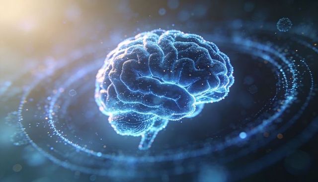 Glowing digital brain with orbital particle rings illustrating neural network and ai concept