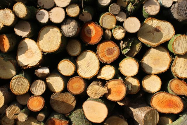 Freshly cut logs stacked together, showcasing variety in size and wood grain. Suitable for content related to forestry, logging industry, natural materials, craft projects, and firewood suppliers. Useful in environmental, eco-friendly, or woodwork contexts.