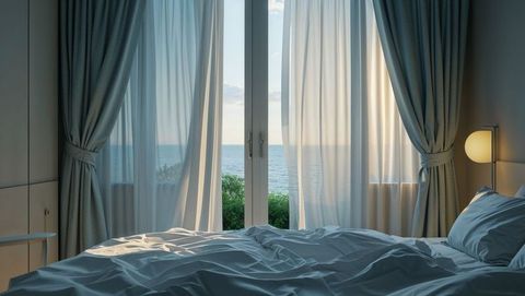 Serene coastal bedroom with tranquil ocean view