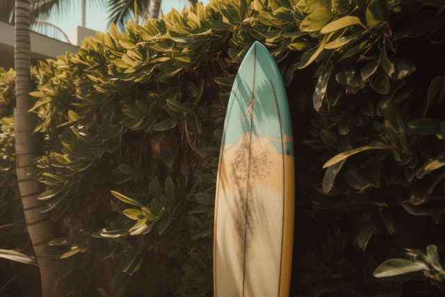 Blue and yellow surfboard leaning against tree in sun, created using generative ai technology. Surfing, sports, hobbies and vacation concept digitally generated image.