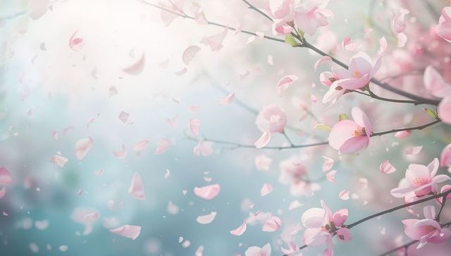Soft pink spring blossoms with drifting petals over teal bokeh background