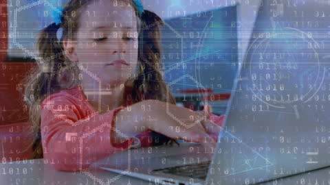 Young Girl Using Laptop with Digital Data Overlay