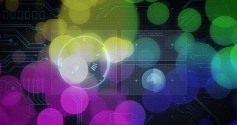 Glowing Neon HUD with Bokeh Circles and Circuit Lines for Futuristic Data Visualization