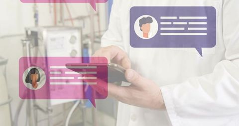Scientist holding smartphone reading chat messages in laboratory, digital healthcare communication