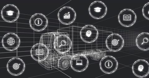 3d wireframe semi-truck with holographic logistics data nodes displaying telematics
