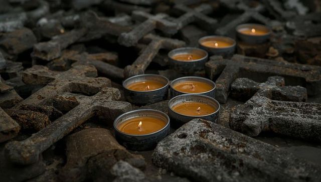 Glowing tealight vigil warming rusted iron crosses on corroded metal, somber memorial