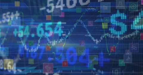 Financial Data Processing with Digital Icons over Blue Stock Market Background - Download Free Stock Images Pikwizard.com
