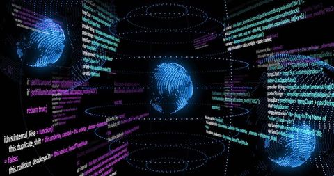 Holographic dotted globe rotating in neon virtual chamber with floating code panels and orbital ring