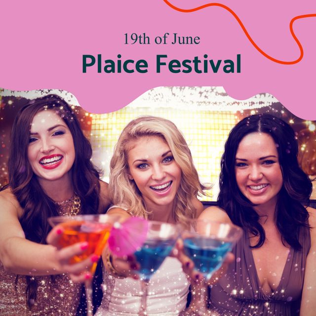 Caucasian friends celebrating Plaice Festival at nightclub with colorful drinks. Use for nightlife promotions, event advertising, social media, or festive celebration themes.