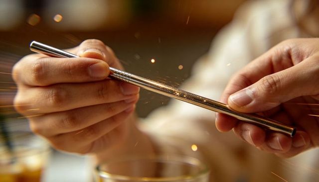 Close-up hands aligning stainless steel straw with glowing sparks over glass rim, warm bokeh