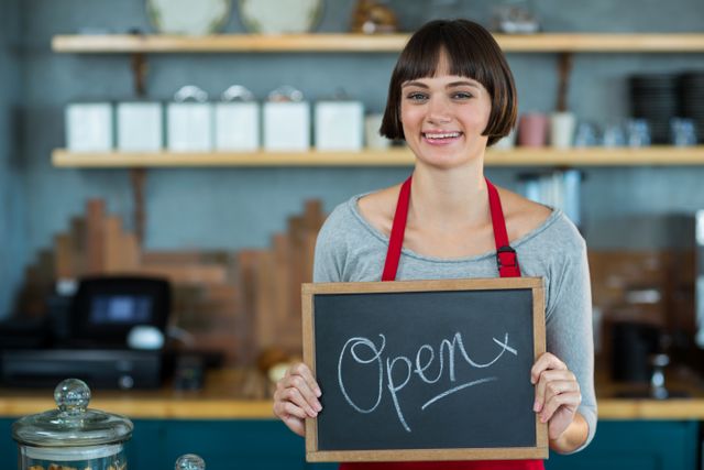 Waitress in a cafe holding a chalkboard sign that says 'Open' while smiling. Ideal for use in marketing materials for cafes, restaurants, and small businesses. Can be used to promote hospitality services, customer service training, or business openings.
