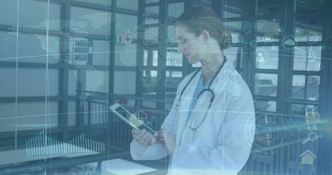 Doctor Analyzing Holographic Data with Digital Tablet in Hospital