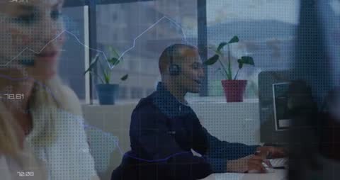 Customer Service Agents Collaborating with Rising Data Visualizations