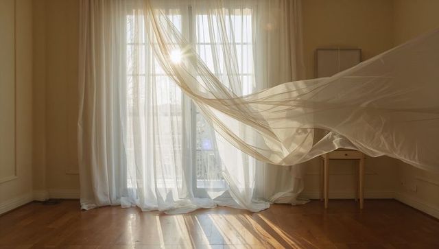 Billowing sheer curtain catching morning sun through french doors, warm hardwood glow