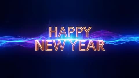 Golden Happy New Year Neon Typography with Pulsing Light Waves and Blue Glowing Ribbons