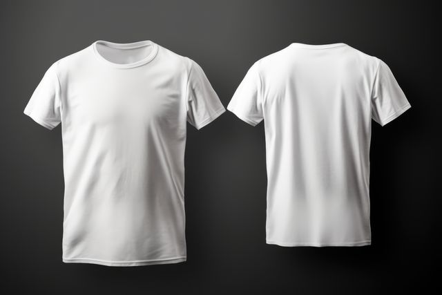 Perfect for graphic designers and clothing brands to showcase custom designs and logos. Useful for online stores displaying variations or for marketing materials. The minimalist black background enhances the visibility of the white t-shirts.