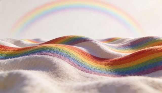 Woven rainbow striped fabric forming gentle folds with pastel rainbow arch
