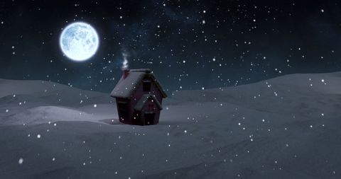 Cozy Christmas Cottage in Snowy Winter Night with Full Moon