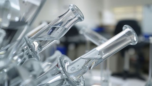 Cluster of clear glass nozzles refracting light with liquid droplets on laboratory bench