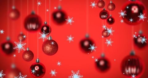Christmas Baubles and Falling Snowflakes on Red Background - Download Free Stock Images Pikwizard.com
