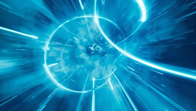 Neon blue hyperspace vortex with glowing rings and speed lines conveying futuristic motion
