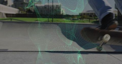 Skateboarder Performing Trick in Concrete Bowl with Green Digital Mesh Overlay, Motion