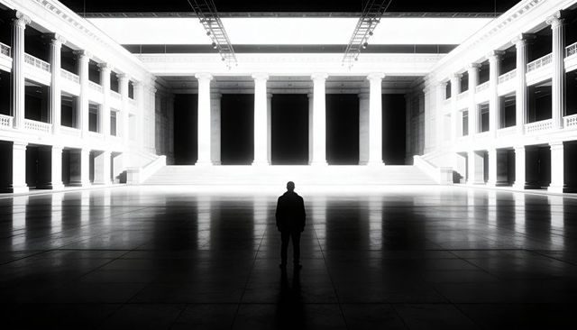Solitary man silhouette in majestic neoclassical hall with fluted columns and reflective marble floo