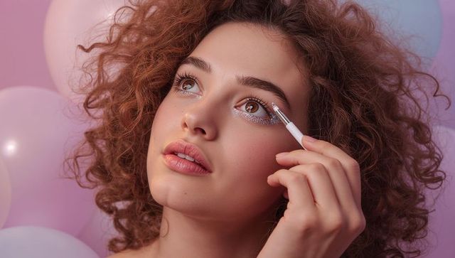 Curly brunette applying silver glitter eyeshadow using brush pastel pink balloon backdrop