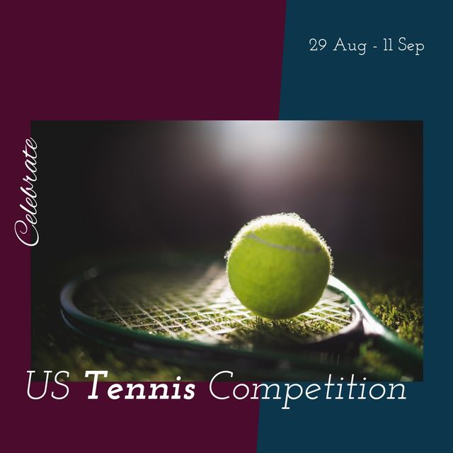 Composite of tennis racket and ball with celebrate us tennis competition and 29 aug-11 sep text. Copy space, purple, blue, sport, championship and competition concept.