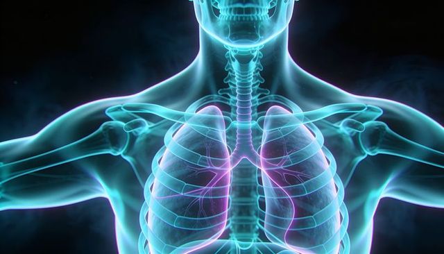 Neon 3D medical rendering showing human thorax with translucent lungs, trachea and bronchi